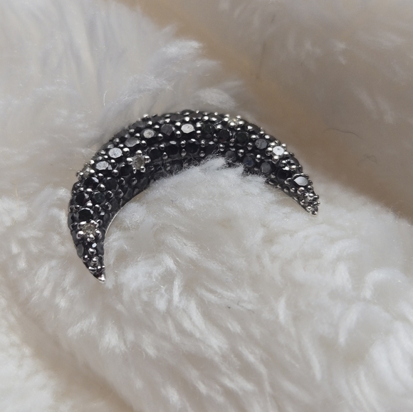 Black/White Diamond Cresent Moon Necklace 10K White Gold - NO CHAIN - Picture 5 of 8